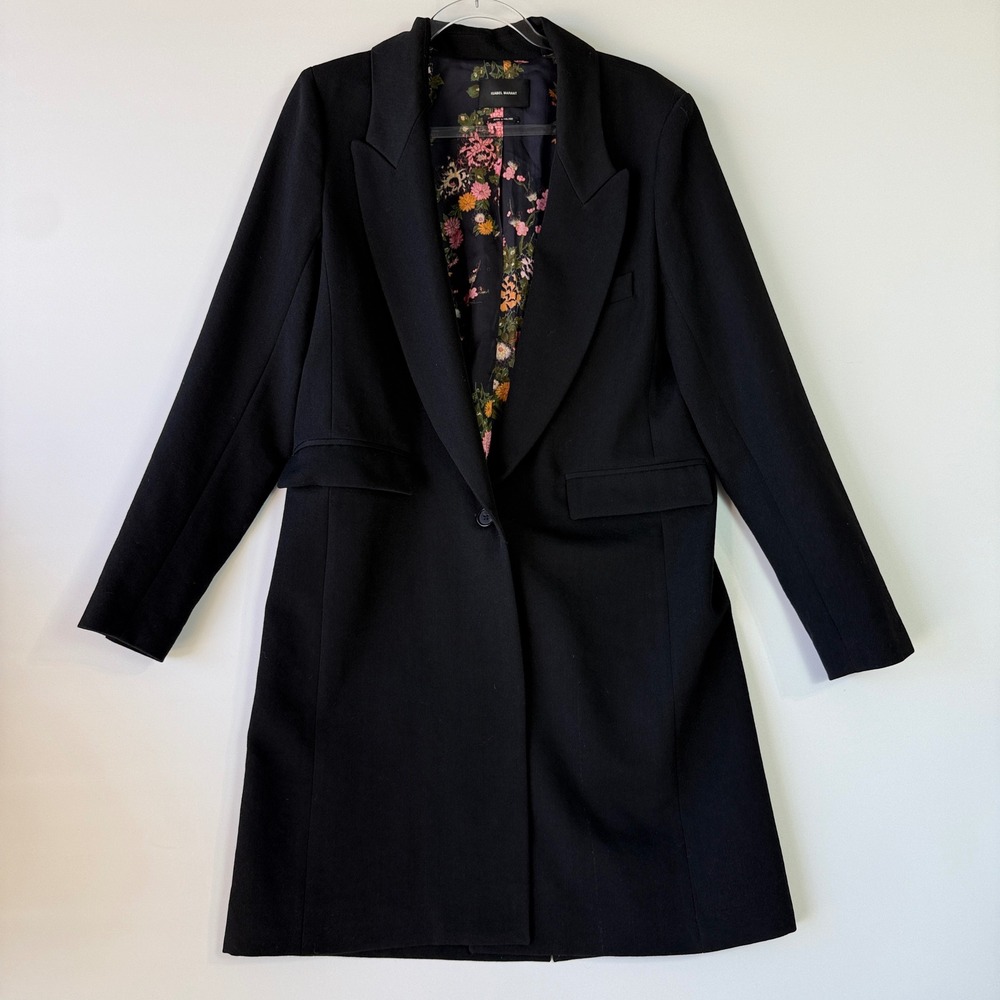 Isabel Marant Wool Coat Womens 42 Black Excellent Floral Lining Tailored Fitted